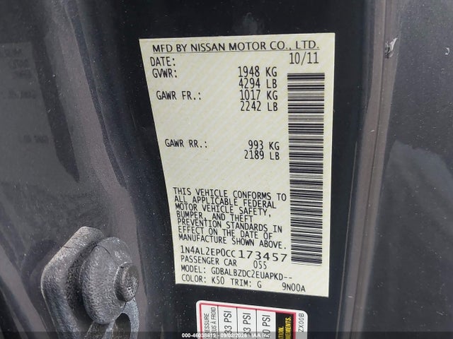 Auction sale of the 2012 Nissan Altima 2.5 S, vin: 1N4AL2EP0CC173457, lot number: 46038819
