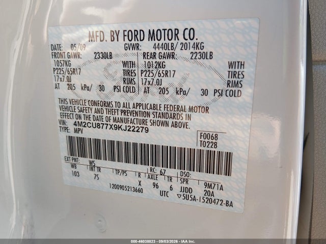 Продажа на аукционе авто 2009 Mercury Mariner Premier, vin: 4M2CU877X9KJ22279, номер лота: 46038823