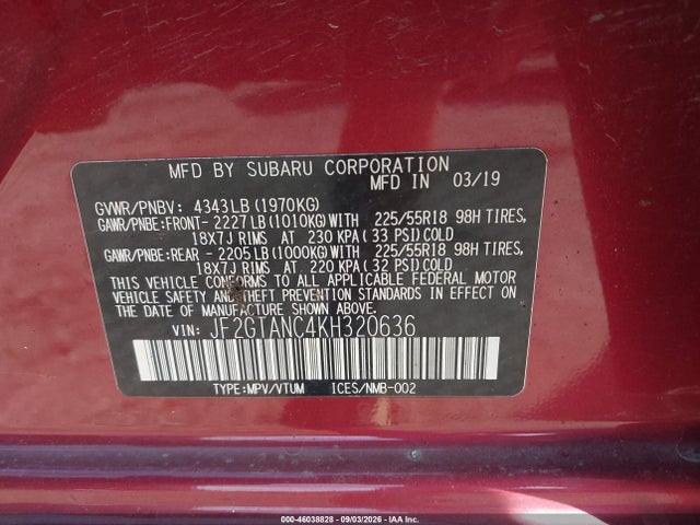 Aukcja sprzedaży 2019 Subaru Crosstrek 2.0i Limited, vin: JF2GTANC4KH320636, numer aukcji: 46038828