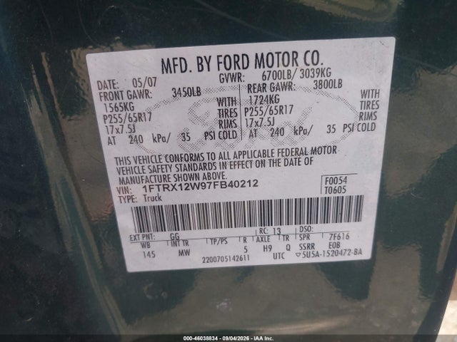 Продаж на аукціоні авто 2007 Ford F-150 Stx/xl/xlt, vin: 1FTRX12W97FB40212, номер лоту: 46038834