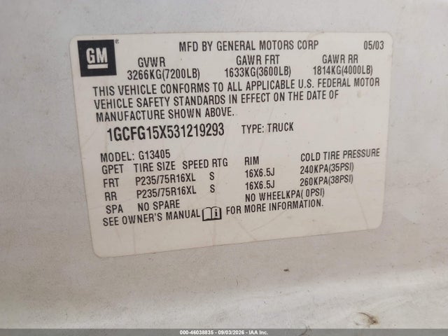 2003 Chevrolet Express მანქანა იყიდება აუქციონზე, vin: 1GCFG15X531219293, აუქციონის ნომერი: 46038835