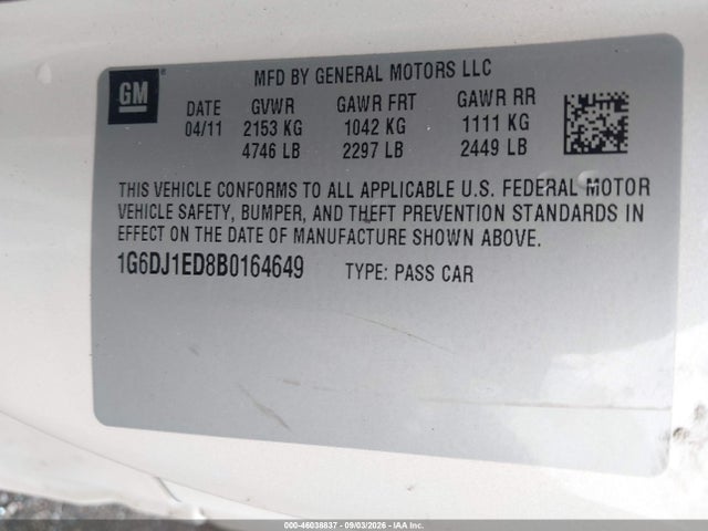 Aukcja sprzedaży 2011 Cadillac Cts Performance, vin: 1G6DJ1ED8B0164649, numer aukcji: 46038837