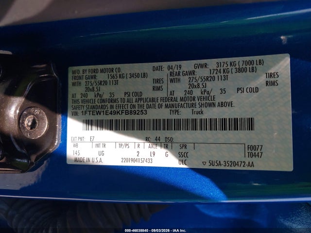 Продажа на аукционе авто 2019 Ford F-150 Xlt, vin: 1FTEW1E49KFB89253, номер лота: 46038840