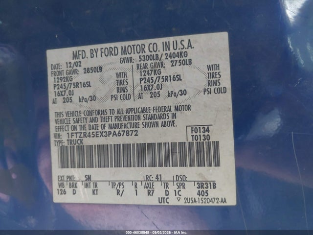 Продажа на аукционе авто 2003 Ford Ranger Edge/xlt, vin: 1FTZR45EX3PA67872, номер лота: 46038848