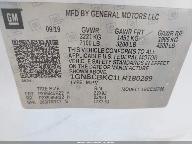 Aukcja sprzedaży 2020 Chevrolet Tahoe 2wd Lt, vin: 1GNSCBKC1LR180289, numer aukcji: 46038855