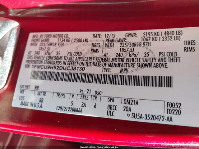 46038858 :رقم المزاد ، 1FMCU9H92DUC38130 vin ، 2013 Ford Escape Sel مزاد بيع