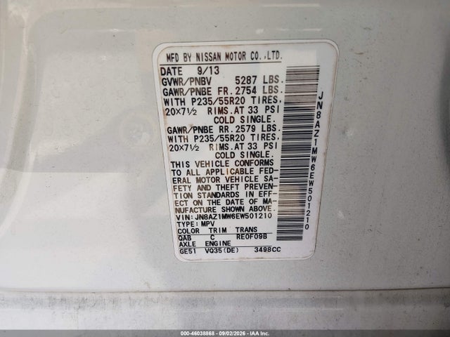 Продаж на аукціоні авто 2014 Nissan Murano Le, vin: JN8AZ1MW6EW501210, номер лоту: 46038868