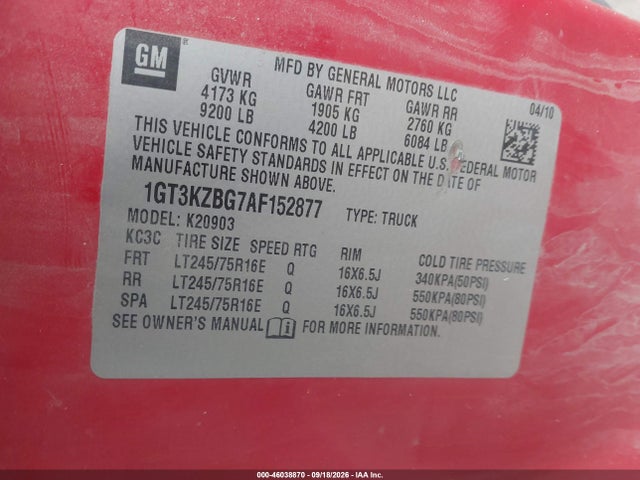 46038870 :رقم المزاد ، 1GT3KZBG7AF152877 vin ، 2010 Gmc Sierra 2500hd Work Truck مزاد بيع