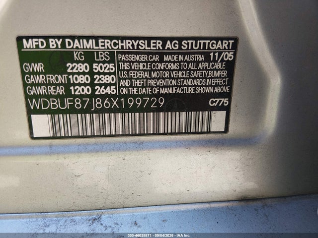 Aukcja sprzedaży 2006 Mercedes-benz E 350 4matic, vin: WDBUF87J86X199729, numer aukcji: 46038871