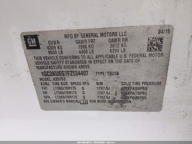 46038879 :رقم المزاد ، 1GC2KUEG7FZ534407 vin ، 2015 Chevrolet Silverado 2500hd Wt مزاد بيع