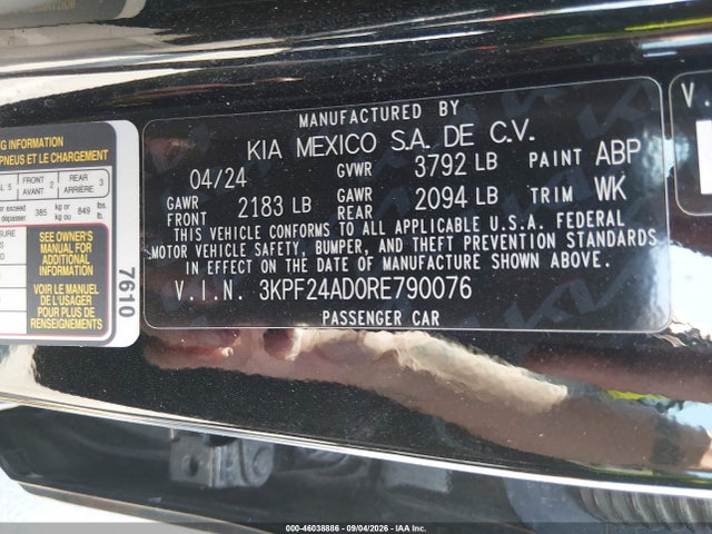 Продажа на аукционе авто 2024 Kia Forte Lxs, vin: 3KPF24AD0RE790076, номер лота: 46038886
