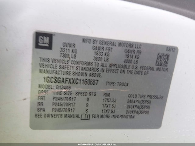 46038889 :رقم المزاد ، 1GCSGAFXXC1160657 vin ، 2012 Chevrolet Express 1500 Work Van مزاد بيع