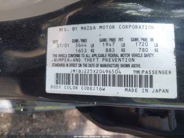 Aukcja sprzedaży 2002 Mazda Protege Dx/es/lx, vin: JM1BJ225X20496504, numer aukcji: 46038893