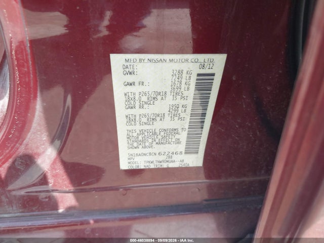 Aukcja sprzedaży 2012 Nissan Armada Sv, vin: 5N1BA0NC8CN622468, numer aukcji: 46038894
