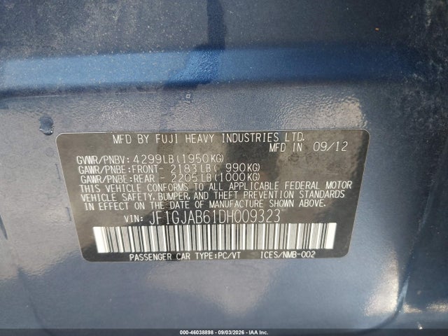 46038898 :رقم المزاد ، JF1GJAB61DH009323 vin ، 2013 Subaru Impreza 2.0i Premium مزاد بيع