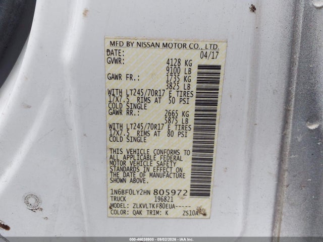 2017 Nissan Nv Cargo Nv2500 Hd Sv V6 მანქანა იყიდება აუქციონზე, vin: 1N6BF0LY2HN805972, აუქციონის ნომერი: 46038900