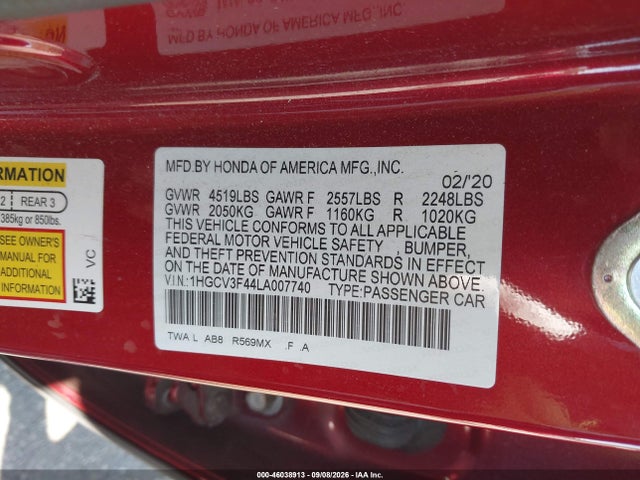 Продажа на аукционе авто 2020 Honda Accord Hybrid Ex, vin: 1HGCV3F44LA007740, номер лота: 46038913