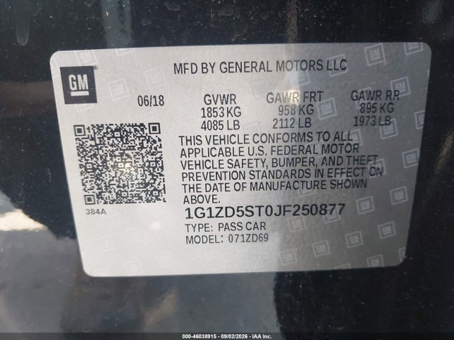 46038915 :رقم المزاد ، 1G1ZD5ST0JF250877 vin ، 2018 Chevrolet Malibu Lt مزاد بيع