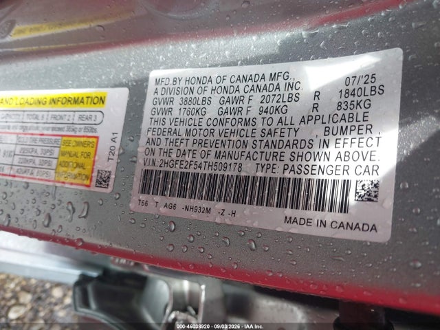 Продаж на аукціоні авто 2026 Honda Civic Sport, vin: 2HGFE2F54TH509178, номер лоту: 46038920