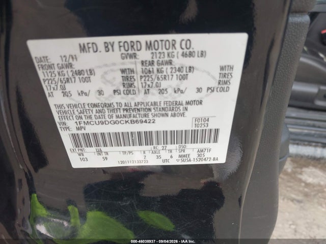 46038937 :رقم المزاد ، 1FMCU9DG0CKB69422 vin ، 2012 Ford Escape Xlt مزاد بيع