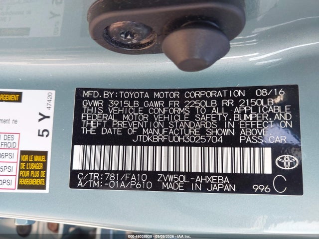 Продаж на аукціоні авто 2017 Toyota Prius Two, vin: JTDKBRFU0H3025704, номер лоту: 46038938