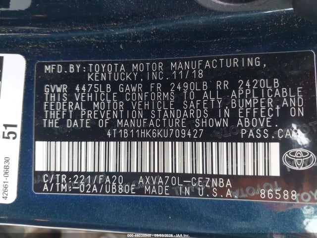 Aukcja sprzedaży 2019 Toyota Camry Le, vin: 4T1B11HK6KU709427, numer aukcji: 46038940