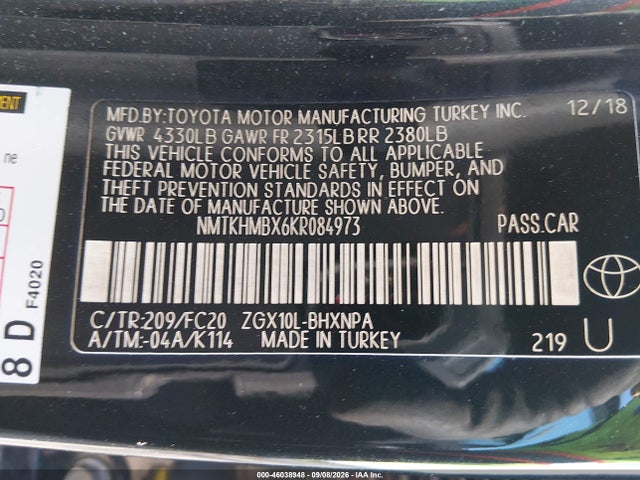 Aukcja sprzedaży 2019 Toyota C-hr Le, vin: NMTKHMBX6KR084973, numer aukcji: 46038948