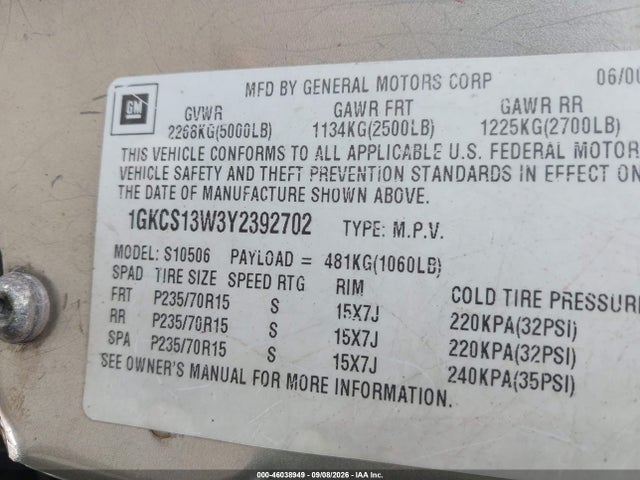 Продажа на аукционе авто 2000 Gmc Jimmy Sle, vin: 1GKCS13W3Y2392702, номер лота: 46038949