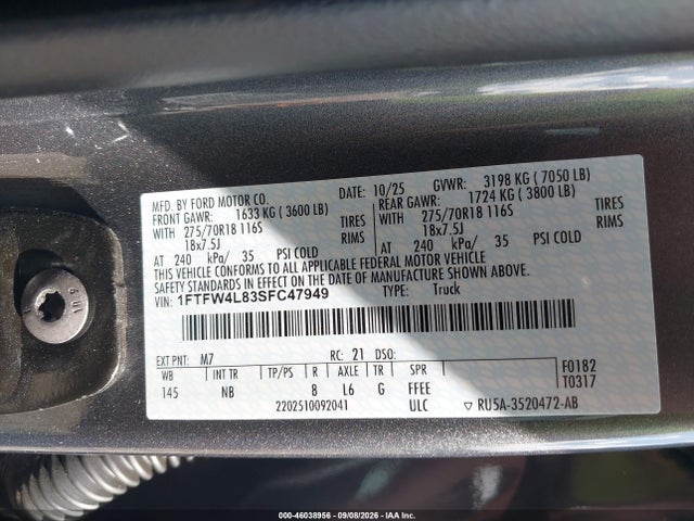 2025 Ford F-150 Tremor მანქანა იყიდება აუქციონზე, vin: 1FTFW4L83SFC47949, აუქციონის ნომერი: 46038956