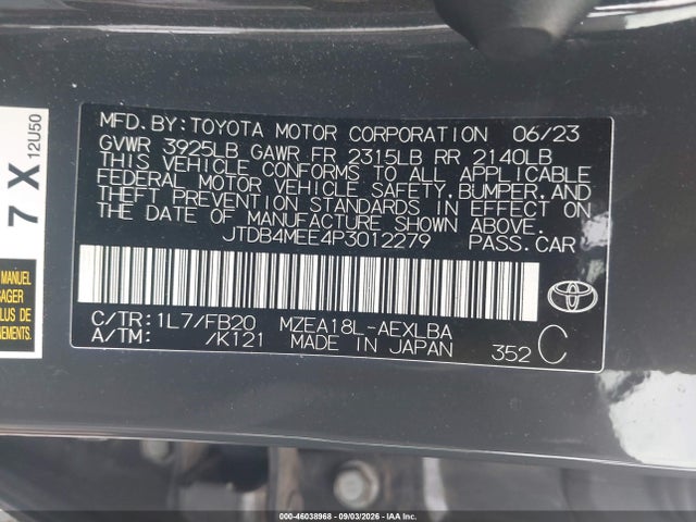 46038968 :رقم المزاد ، JTDB4MEE4P3012279 vin ، 2023 Toyota Corolla Le مزاد بيع