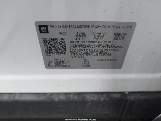 Продажа на аукционе авто 2020 Chevrolet Equinox Awd 2fl, vin: 3GNAXTEV4LS725756, номер лота: 46038970