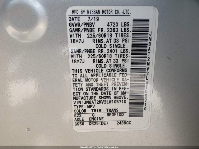 46038971 :رقم المزاد ، JN8AT2MV2LW105710 vin ، 2020 Nissan Rogue Sv Intelligent Awd مزاد بيع