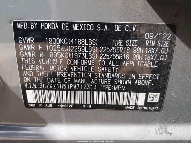 Aukcja sprzedaży 2023 Honda Hr-v 2wd Sport, vin: 3CZRZ1H51PM712313, numer aukcji: 46038973