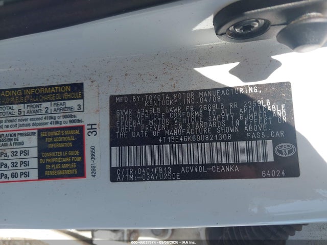 46038974 :رقم المزاد ، 4T1BE46K69U821308 vin ، 2009 Toyota Camry Le مزاد بيع
