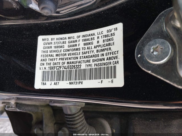 Продаж на аукціоні авто 2018 Honda Civic Ex, vin: 19XFC2F74JE026322, номер лоту: 46038976