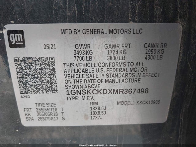 Aukcja sprzedaży 2021 Chevrolet Suburban 4wd Lt, vin: 1GNSKCKDXMR367498, numer aukcji: 46038978