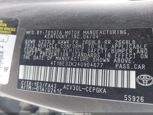 2004 Toyota Camry Xle მანქანა იყიდება აუქციონზე, vin: 4T1BE32K24U904677, აუქციონის ნომერი: 46038983