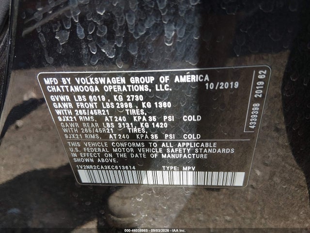 Aukcja sprzedaży 2019 Volkswagen Atlas 3.6l V6 Sel Premium, vin: 1V2NR2CA3KC613614, numer aukcji: 46038985
