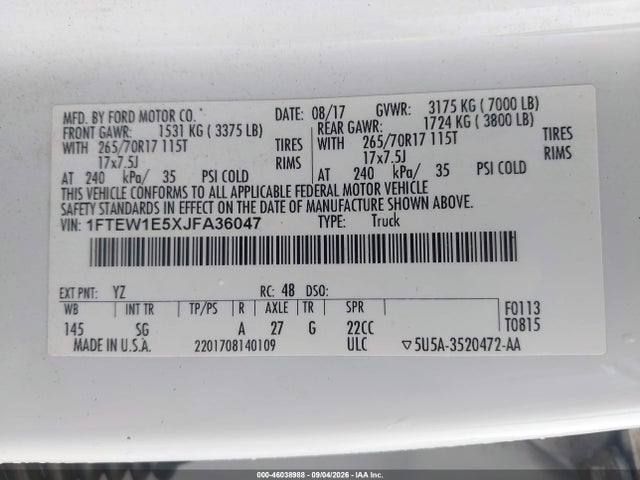 2018 Ford F-150 Xl მანქანა იყიდება აუქციონზე, vin: 1FTEW1E5XJFA36047, აუქციონის ნომერი: 46038988