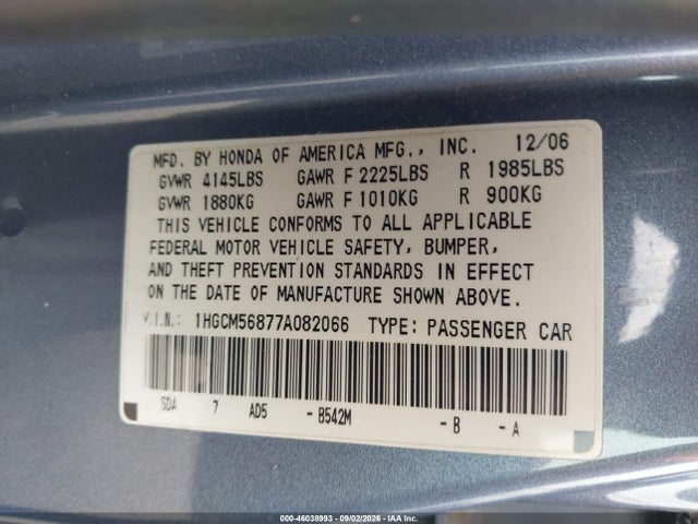 Aukcja sprzedaży 2007 Honda Accord 2.4 Ex, vin: 1HGCM56877A082066, numer aukcji: 46038993