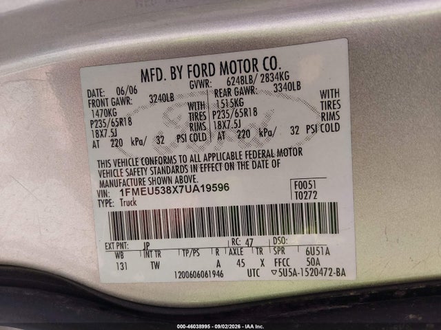 2007 Ford Explorer Sport Trac Limited მანქანა იყიდება აუქციონზე, vin: 1FMEU538X7UA19596, აუქციონის ნომერი: 46038995