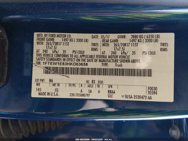 46038998 :رقم المزاد ، 1FTEW1E83HKD63658 vin ، 2017 Ford F-150 Xl مزاد بيع