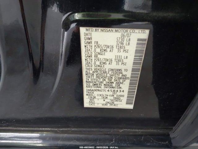 2007 Nissan Frontier Se მანქანა იყიდება აუქციონზე, vin: 1N6AD09U27C458434, აუქციონის ნომერი: 46039002