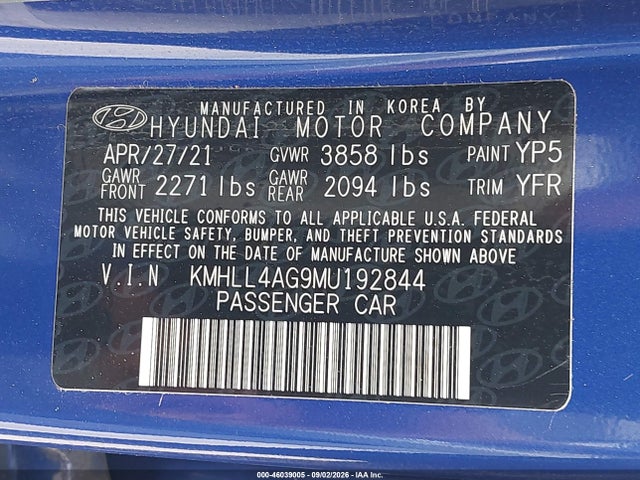 Продаж на аукціоні авто 2021 Hyundai Elantra Se, vin: KMHLL4AG9MU192844, номер лоту: 46039005