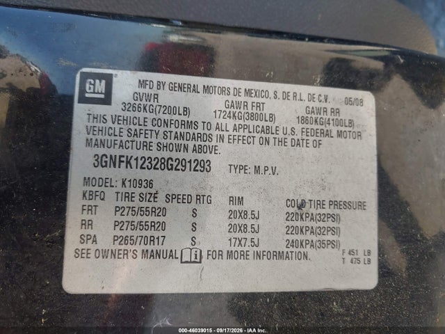 Продажа на аукционе авто 2008 Chevrolet Avalanche 1500 Ltz, vin: 3GNFK12328G291293, номер лота: 46039015