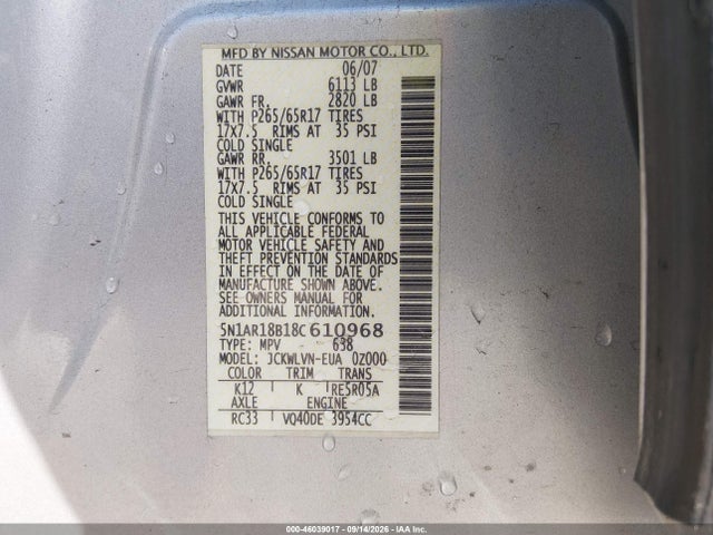 46039017 :رقم المزاد ، 5N1AR18B18C610968 vin ، 2008 Nissan Pathfinder Le مزاد بيع
