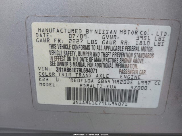 Продаж на аукціоні авто 2009 Nissan Sentra 2.0sr, vin: 3N1AB61E79L694071, номер лоту: 46039018