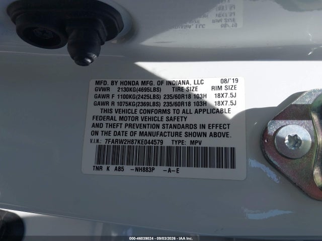 Продаж на аукціоні авто 2019 Honda Cr-v Ex-l, vin: 7FARW2H87KE044579, номер лоту: 46039024