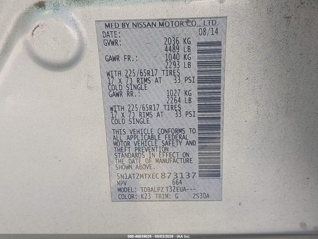 2014 Nissan Rogue S მანქანა იყიდება აუქციონზე, vin: 5N1AT2MTXEC873137, აუქციონის ნომერი: 46039028