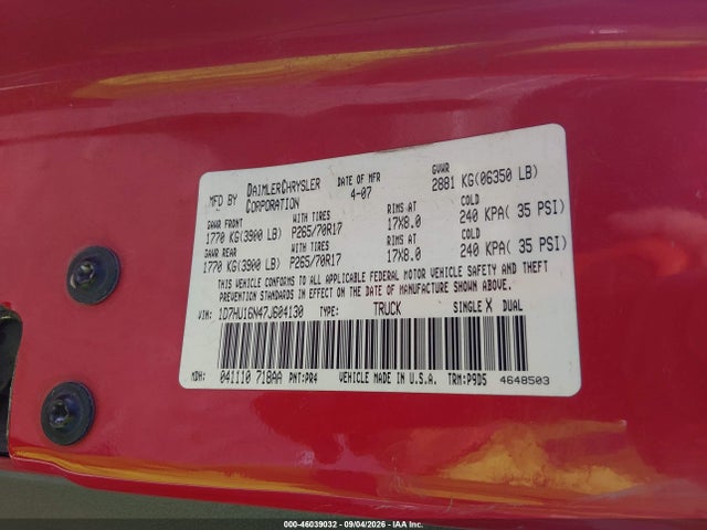 Продажа на аукционе авто 2007 Dodge Ram 1500 St, vin: 1D7HU16N47J604130, номер лота: 46039032